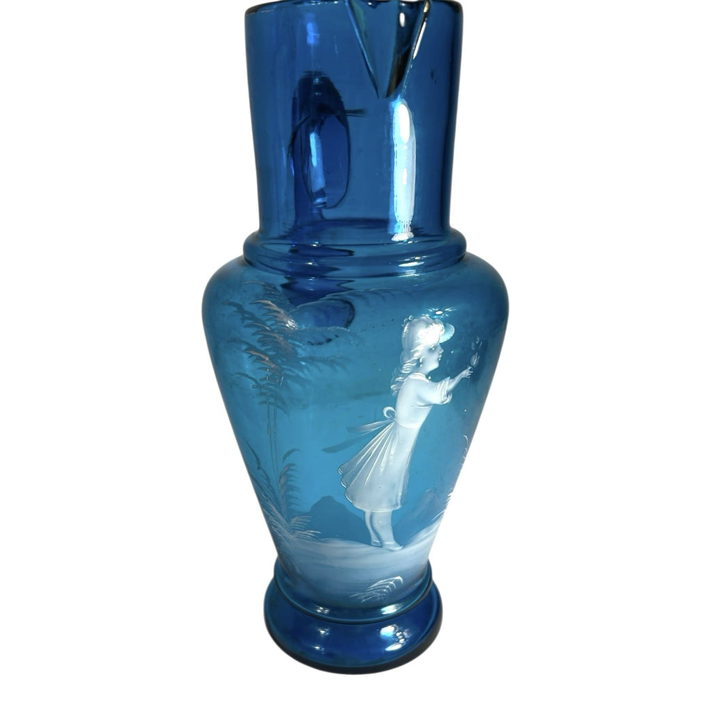 Antique Large Blue Mary Gregory Hand Blown Glass Pitcher