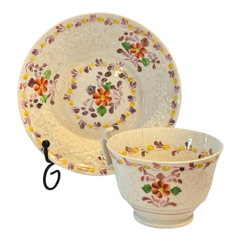 Antique Staffordshire Pearlware Hand Painted Floral Cup & Saucer