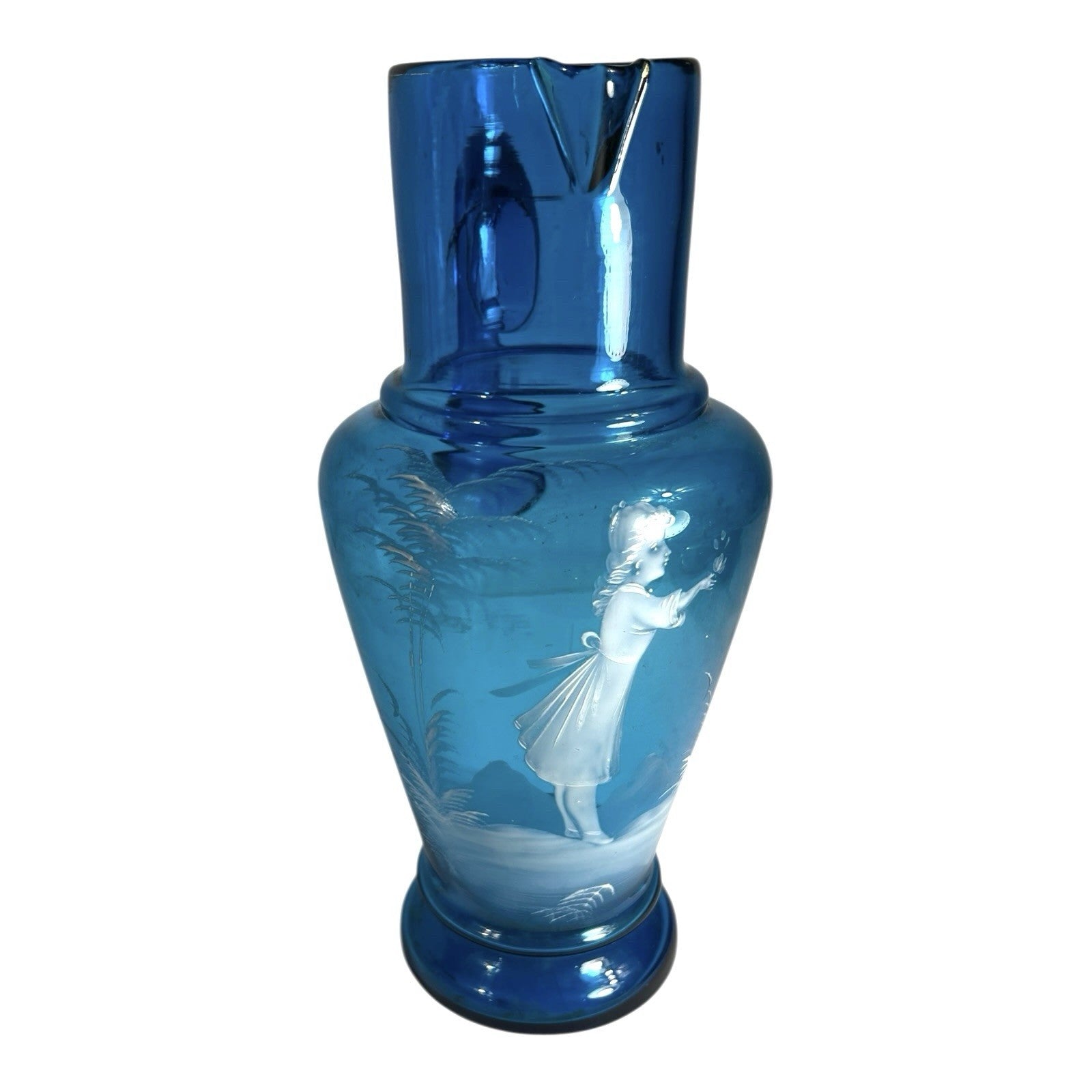 Antique Large Blue Mary Gregory Hand Blown Glass Pitcher