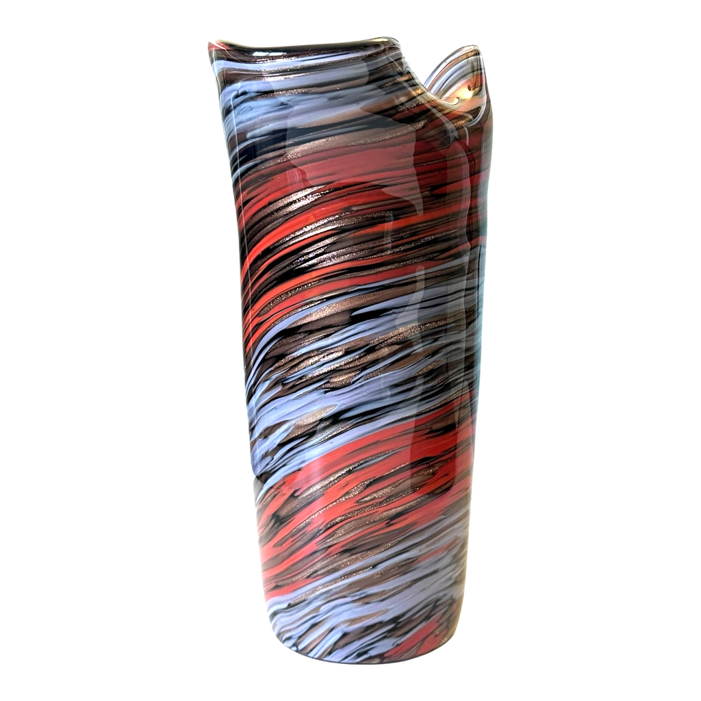 Vintage Murano Red Purple Aventurine Swirl Ruffle Rim Cased Art Glass Vase
