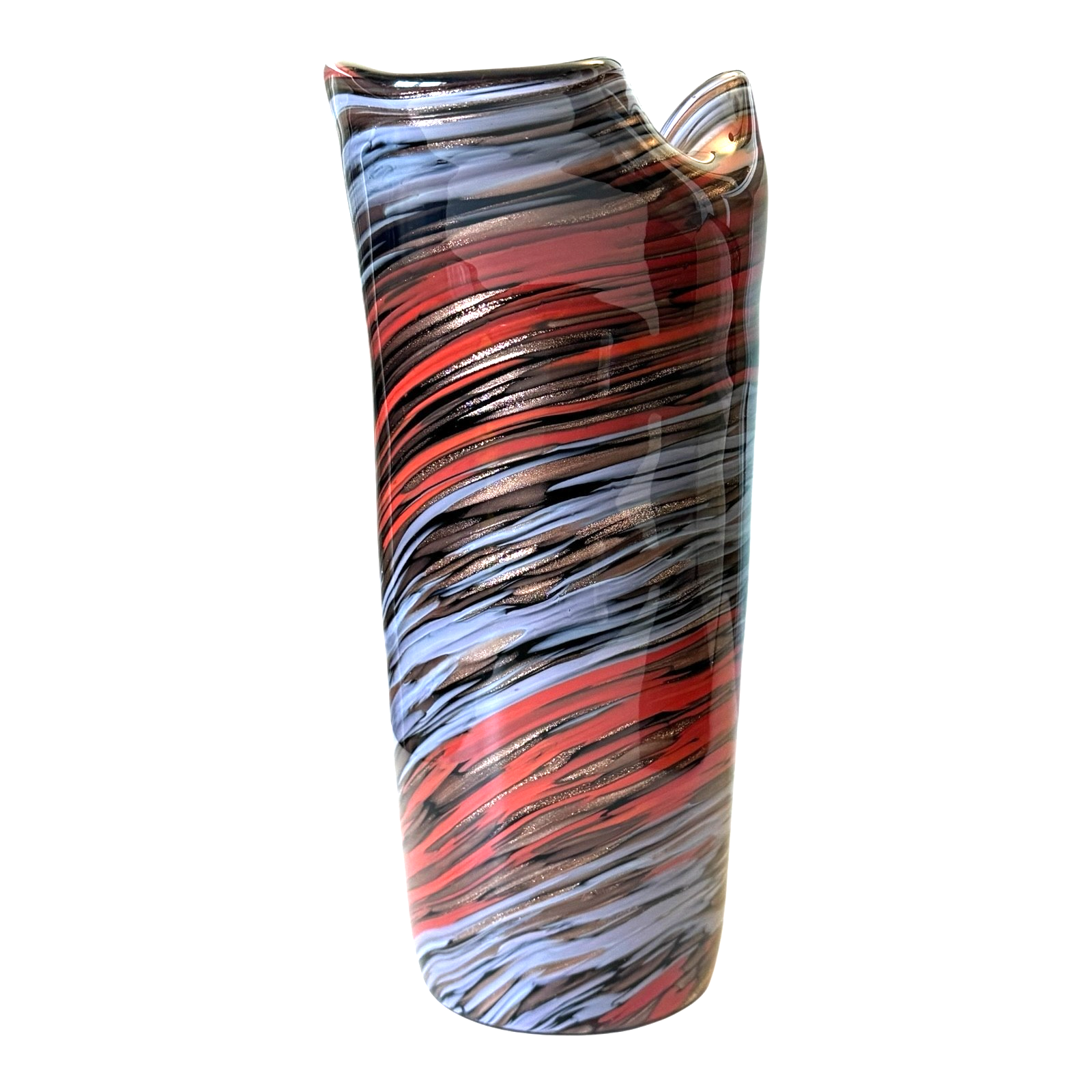 Vintage Murano Red Purple Aventurine Swirl Ruffle Rim Cased Art Glass Vase