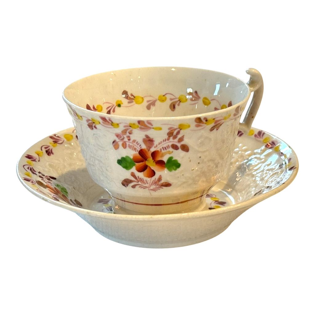 Antique Staffordshire Pearlware Hand Painted Floral Cup & Saucer