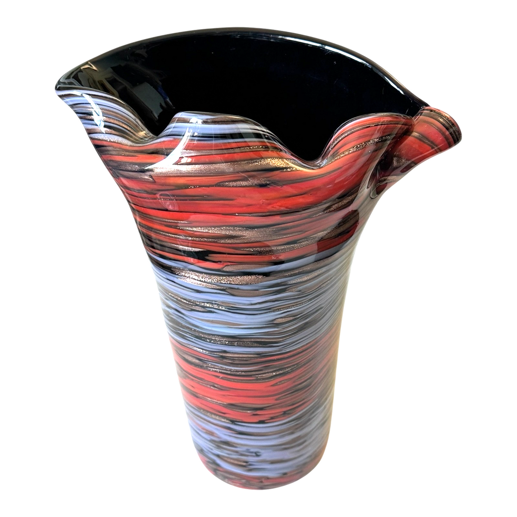 Vintage Murano Red Purple Aventurine Swirl Ruffle Rim Cased Art Glass Vase
