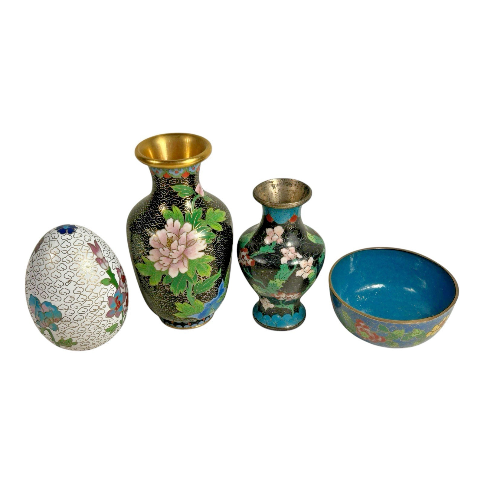 Vintage Chinese Cloisonné Floral Enameled Vases Bowl Egg (Set of 4)