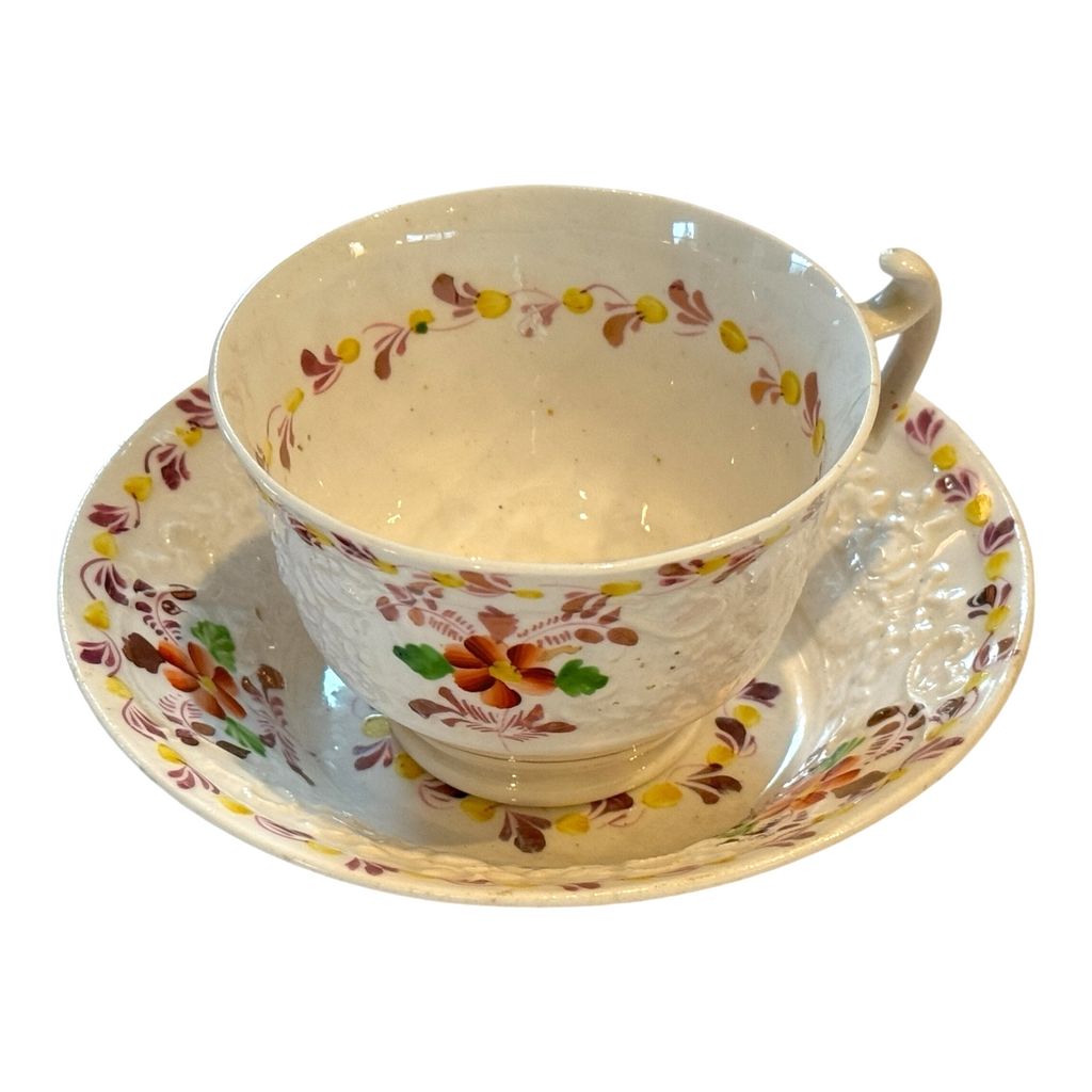 Antique Staffordshire Pearlware Hand Painted Floral Cup & Saucer