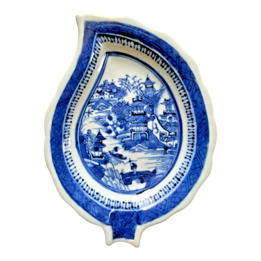 Antique Chinese Canton Blue White Porcelain Leaf Form Dish