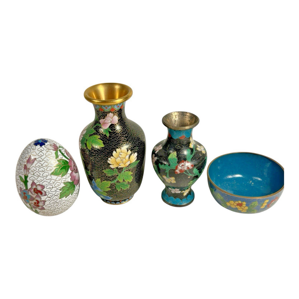 Vintage Chinese Cloisonné Floral Enameled Vases Bowl Egg (Set of 4)