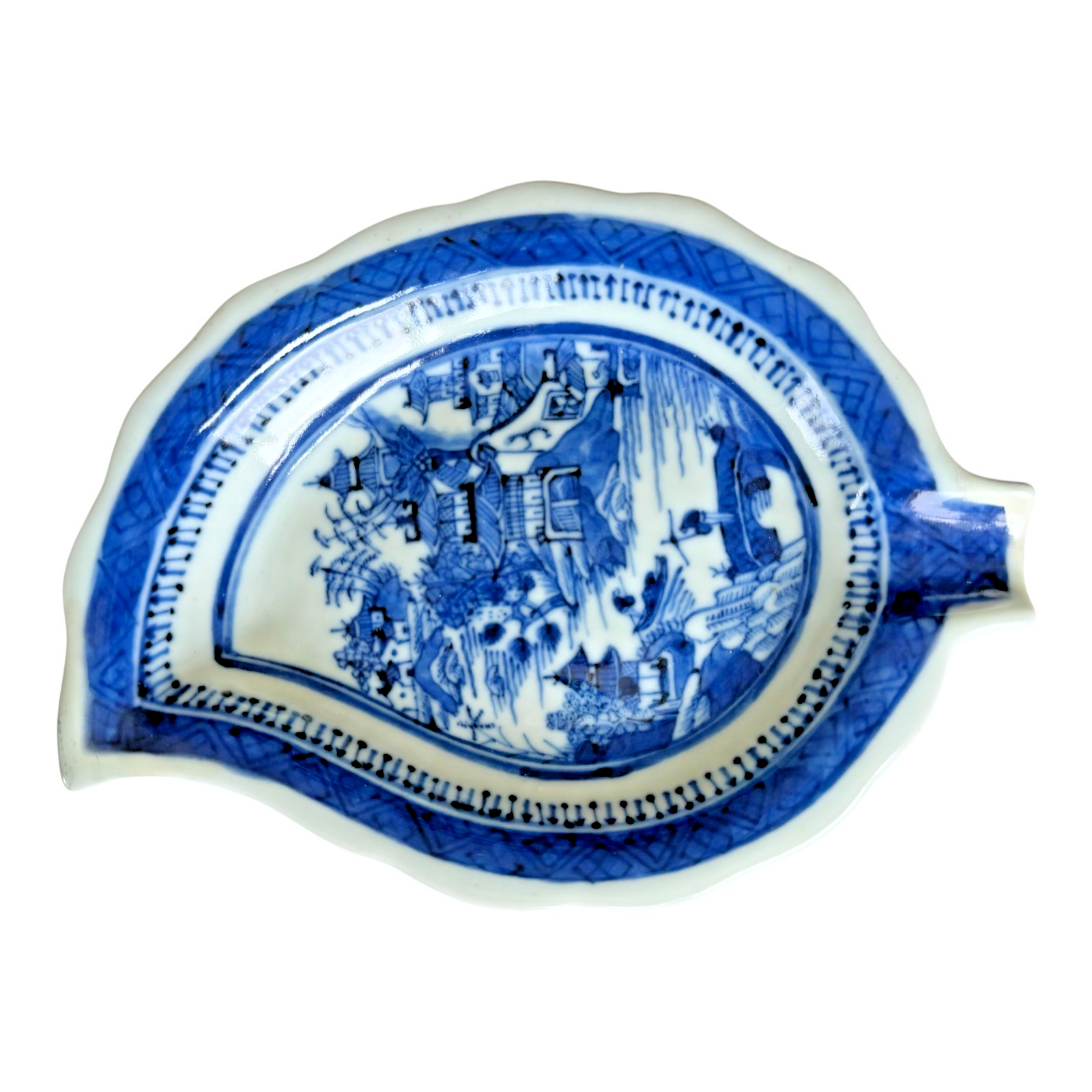 Antique Chinese Canton Blue White Porcelain Leaf Form Dish