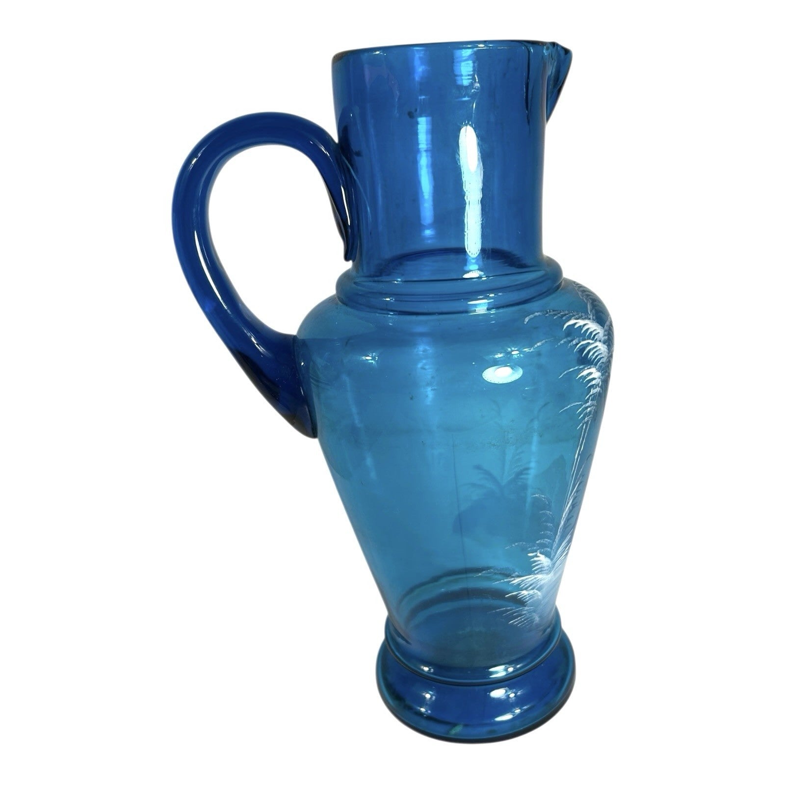 Antique Large Blue Mary Gregory Hand Blown Glass Pitcher