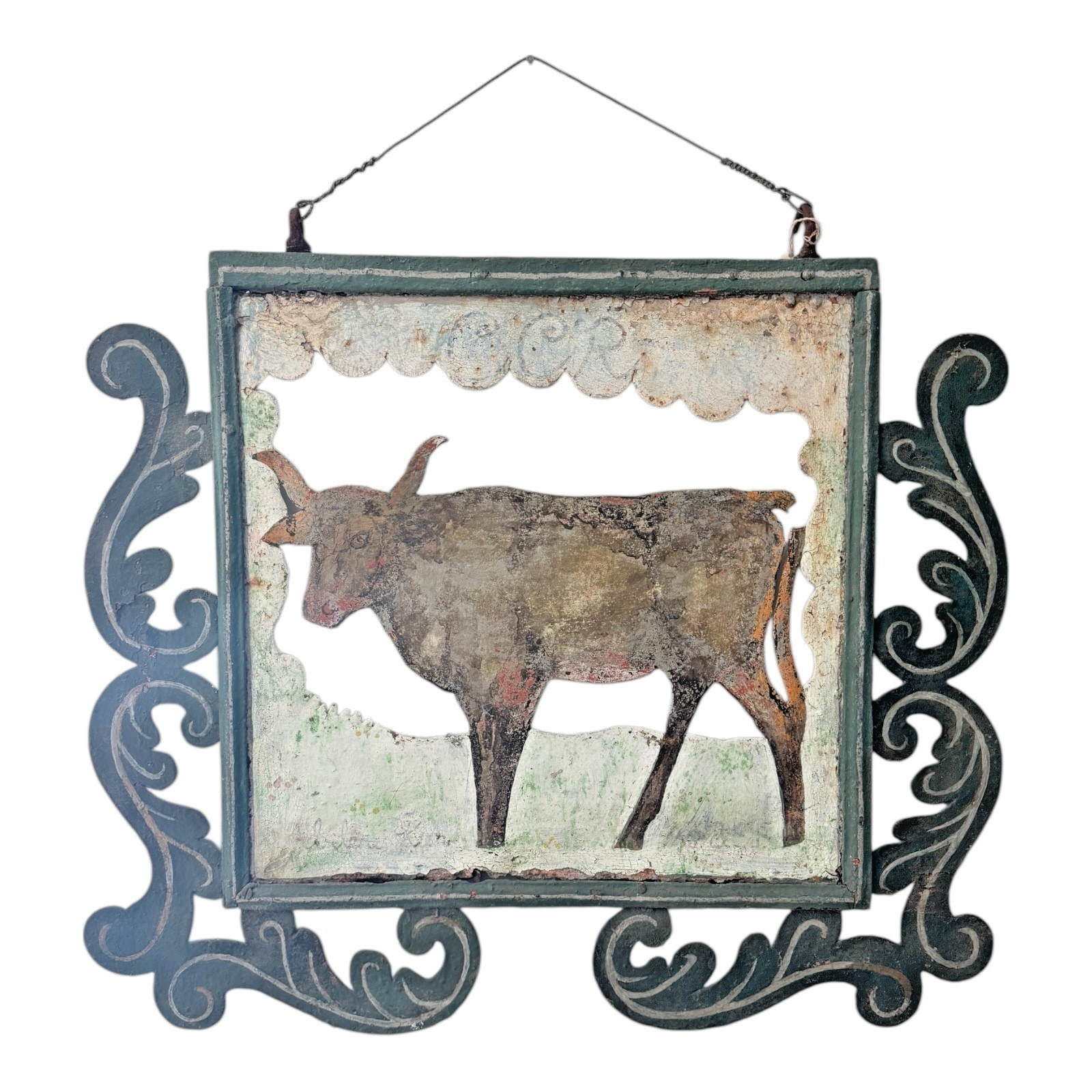 Antique Early 1900s American Folk Art Hand-Cut Metal Ranch Trade Sign, Steer/Cow