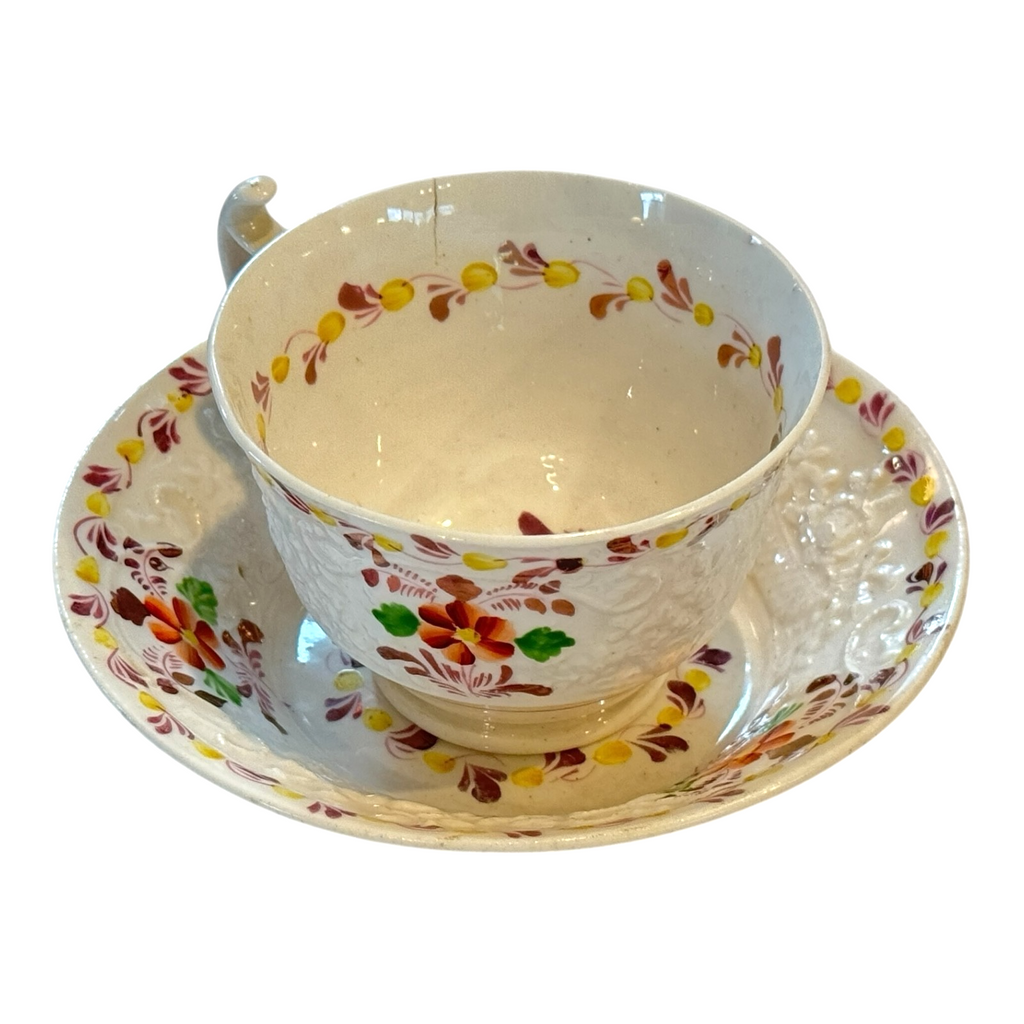 Antique Staffordshire Pearlware Hand Painted Floral Cup & Saucer