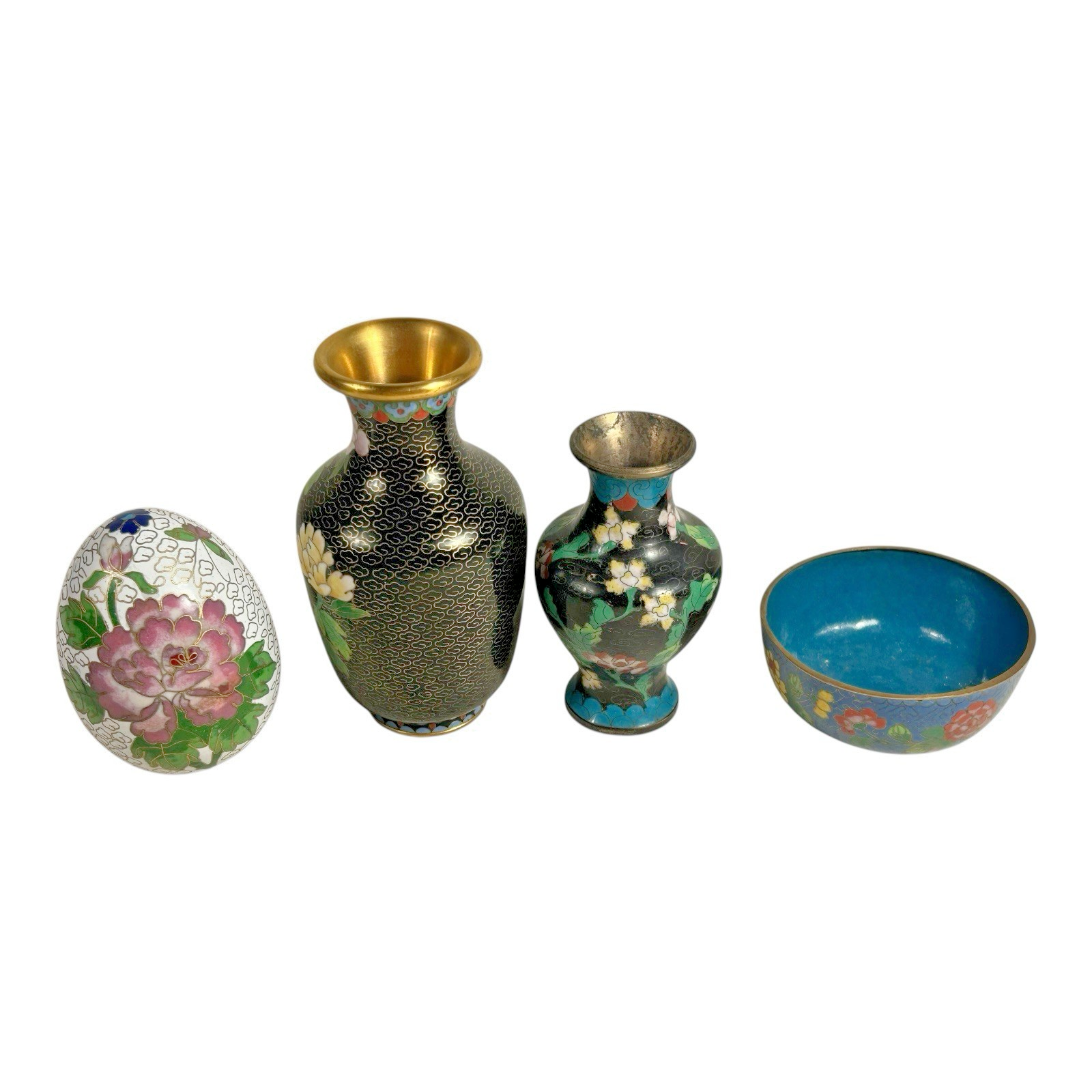 Vintage Chinese Cloisonné Floral Enameled Vases Bowl Egg (Set of 4)