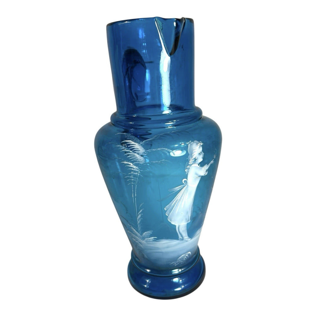 Antique Large Blue Mary Gregory Hand Blown Glass Pitcher