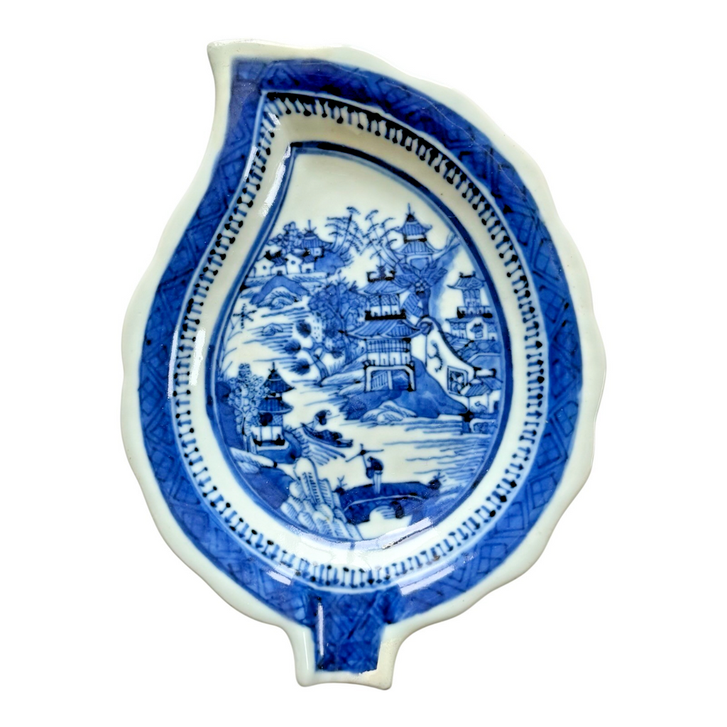 Antique Chinese Canton Blue White Porcelain Leaf Form Dish
