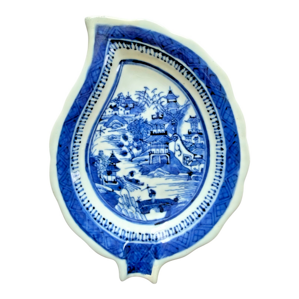 Antique Chinese Canton Blue White Porcelain Leaf Form Dish