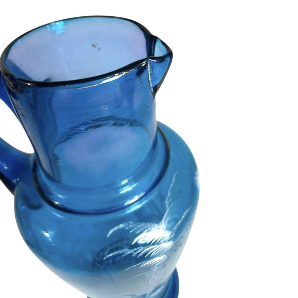 Antique Large Blue Mary Gregory Hand Blown Glass Pitcher