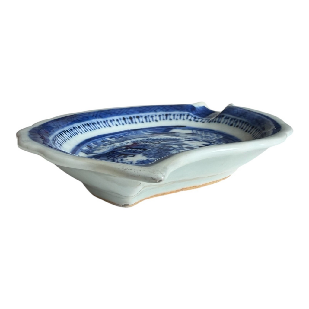 Antique Chinese Canton Blue White Porcelain Leaf Form Dish