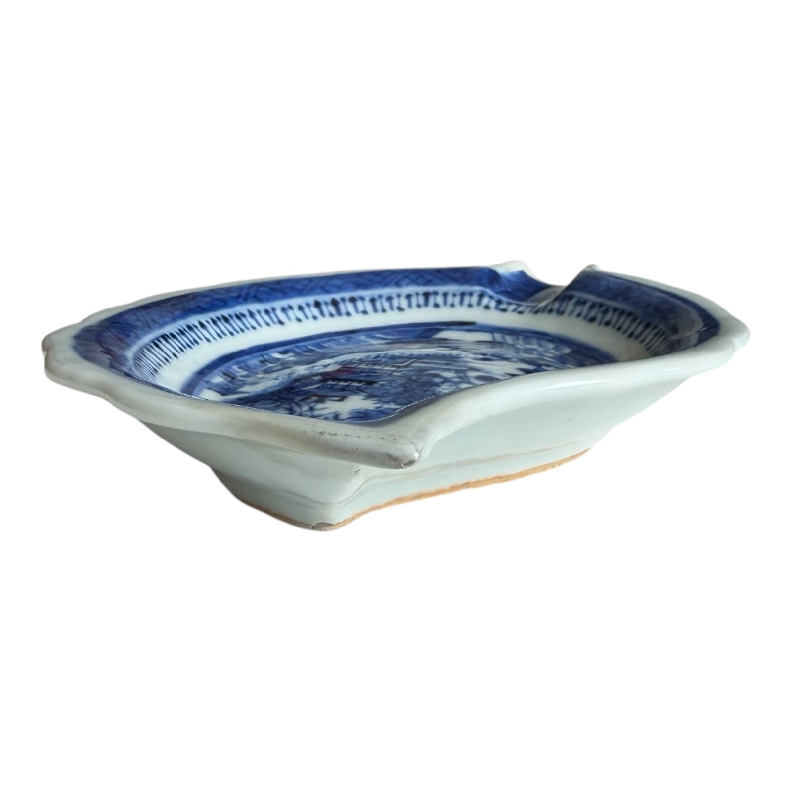 Antique Chinese Canton Blue White Porcelain Leaf Form Dish