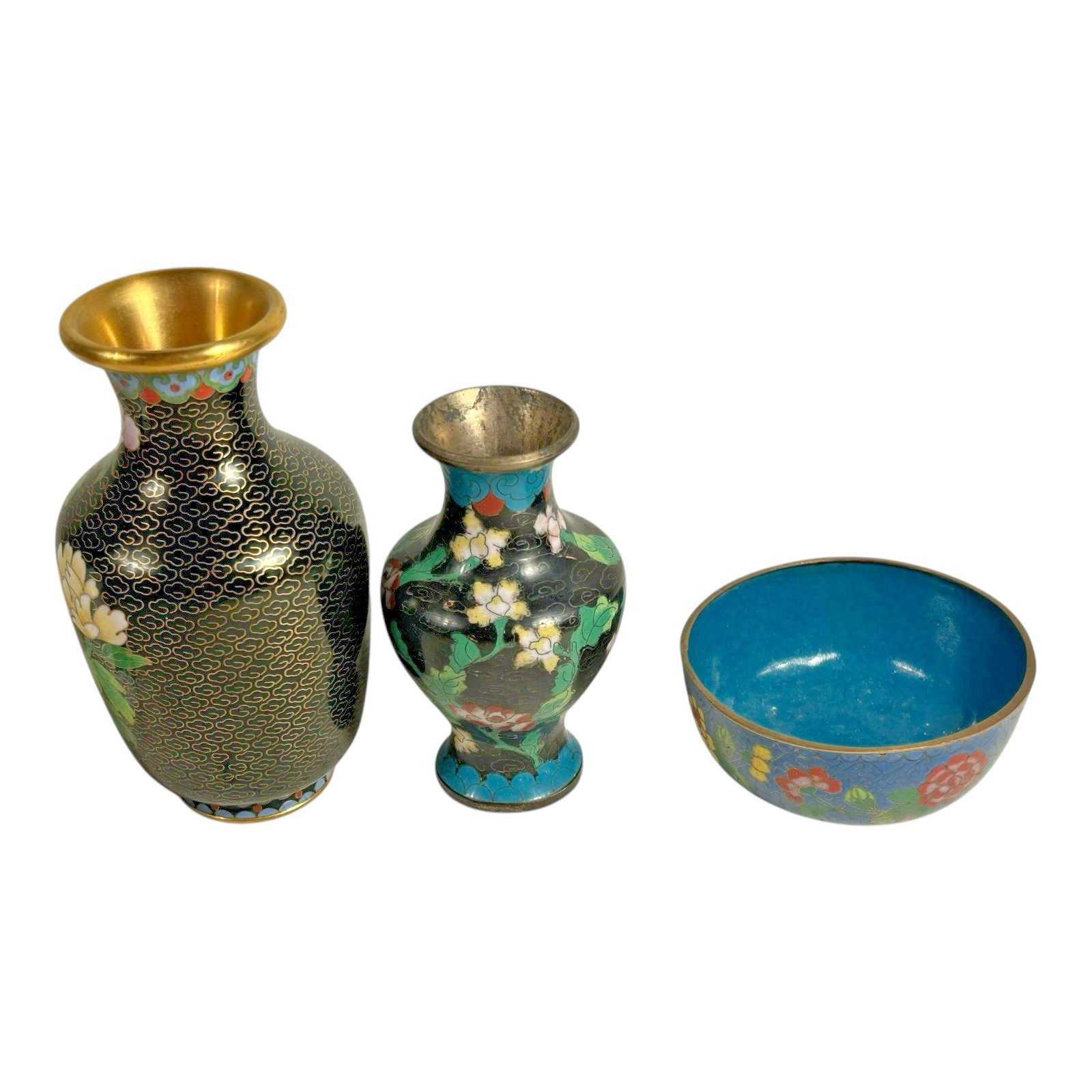 Vintage Chinese Cloisonné Floral Enameled Vases Bowl Egg (Set of 4)