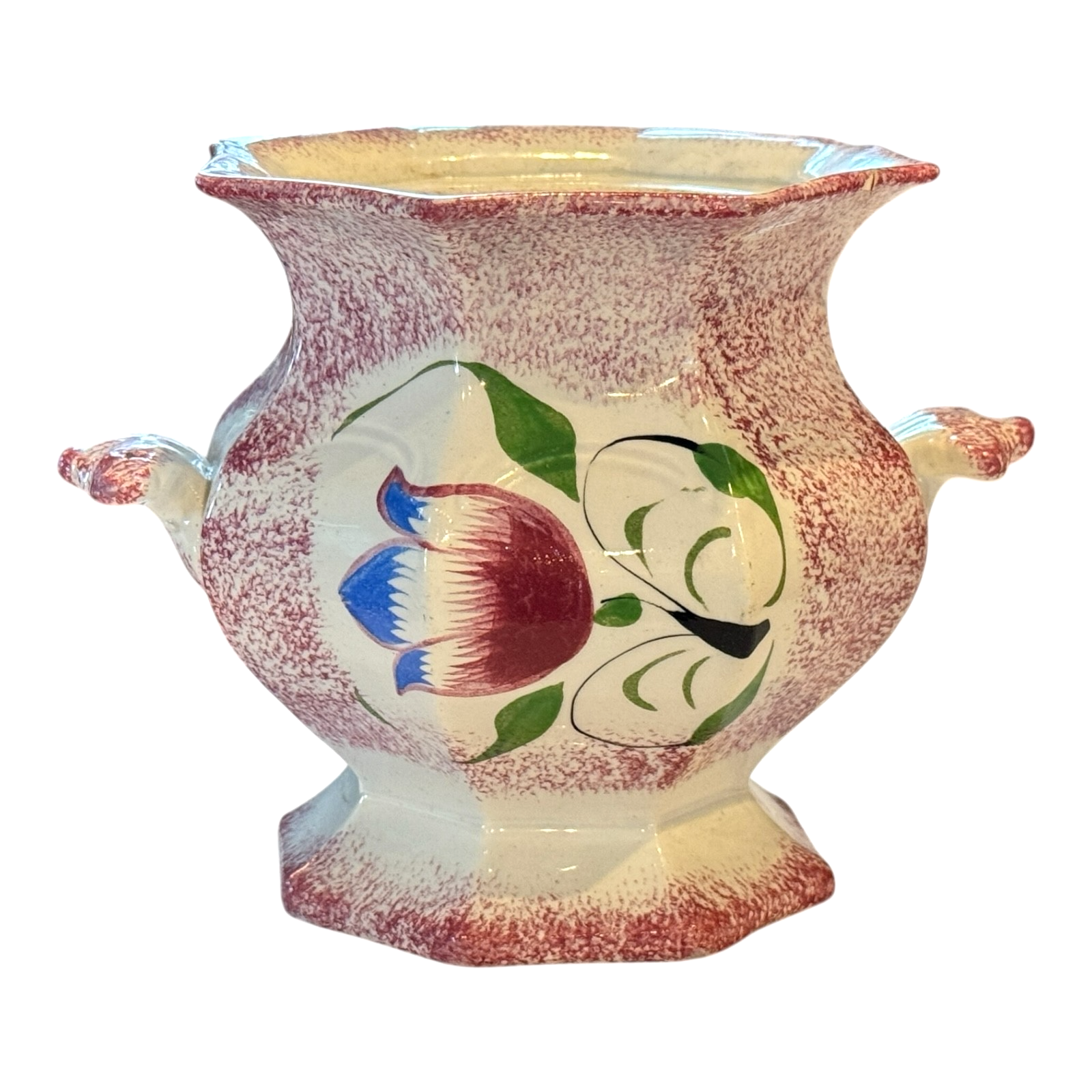 Antique Staffordshire Red Spatterware Spongeware Sugar Bowl - Tulip Design