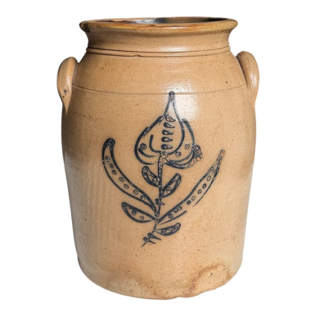 Antique Americana Folk Art Stoneware Crock with Cobalt Blue Floral Tulip Design