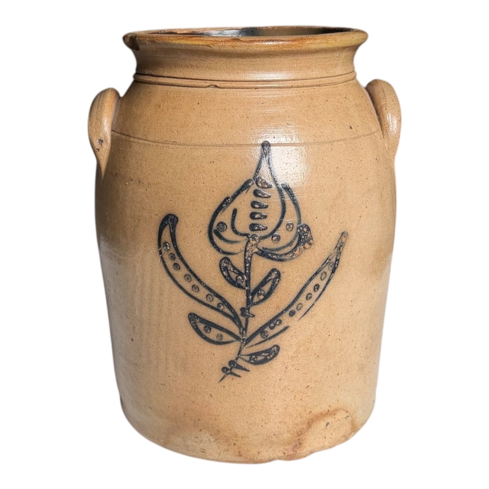 Antique Americana Folk Art Stoneware Crock with Cobalt Blue Floral Tulip Design