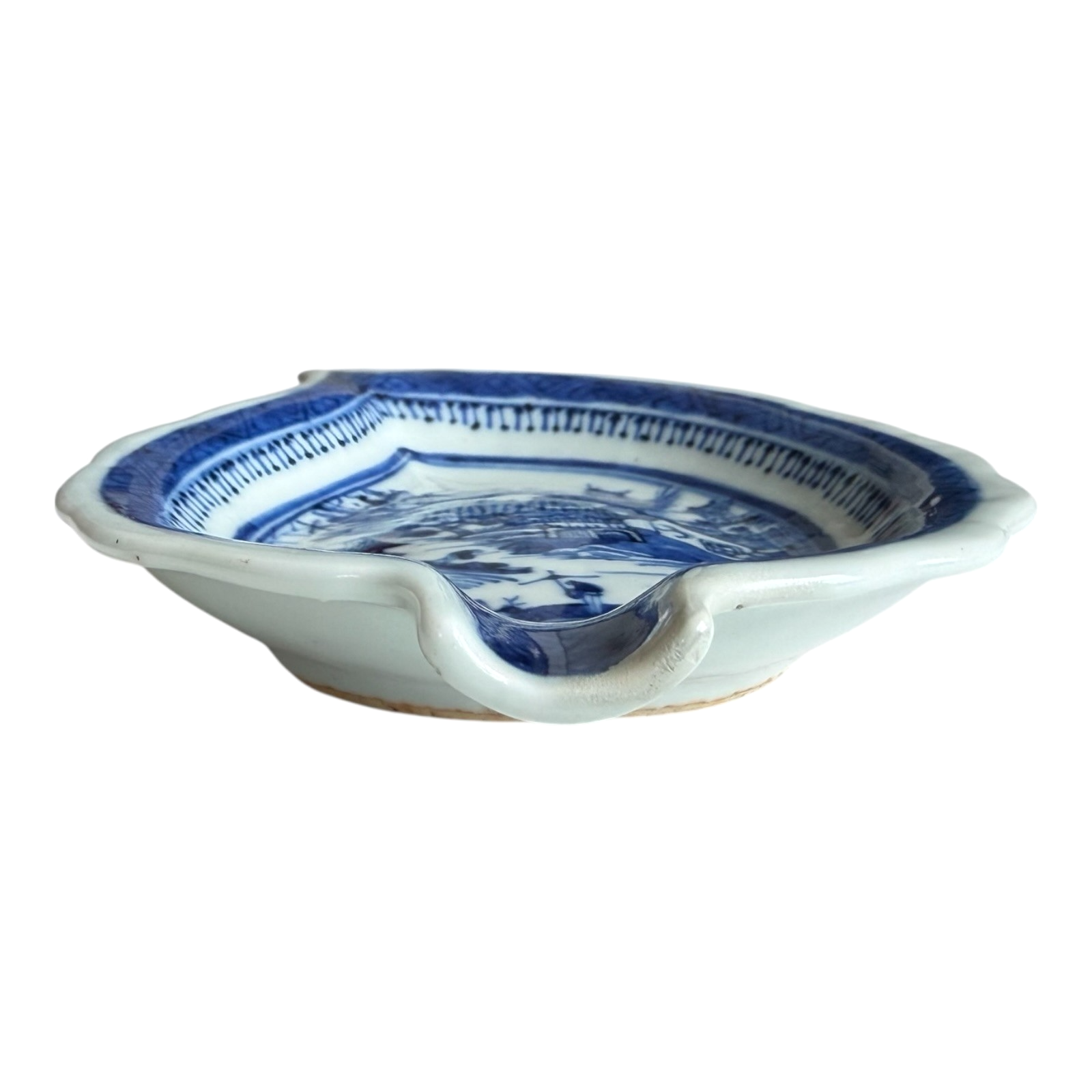 Antique Chinese Canton Blue White Porcelain Leaf Form Dish