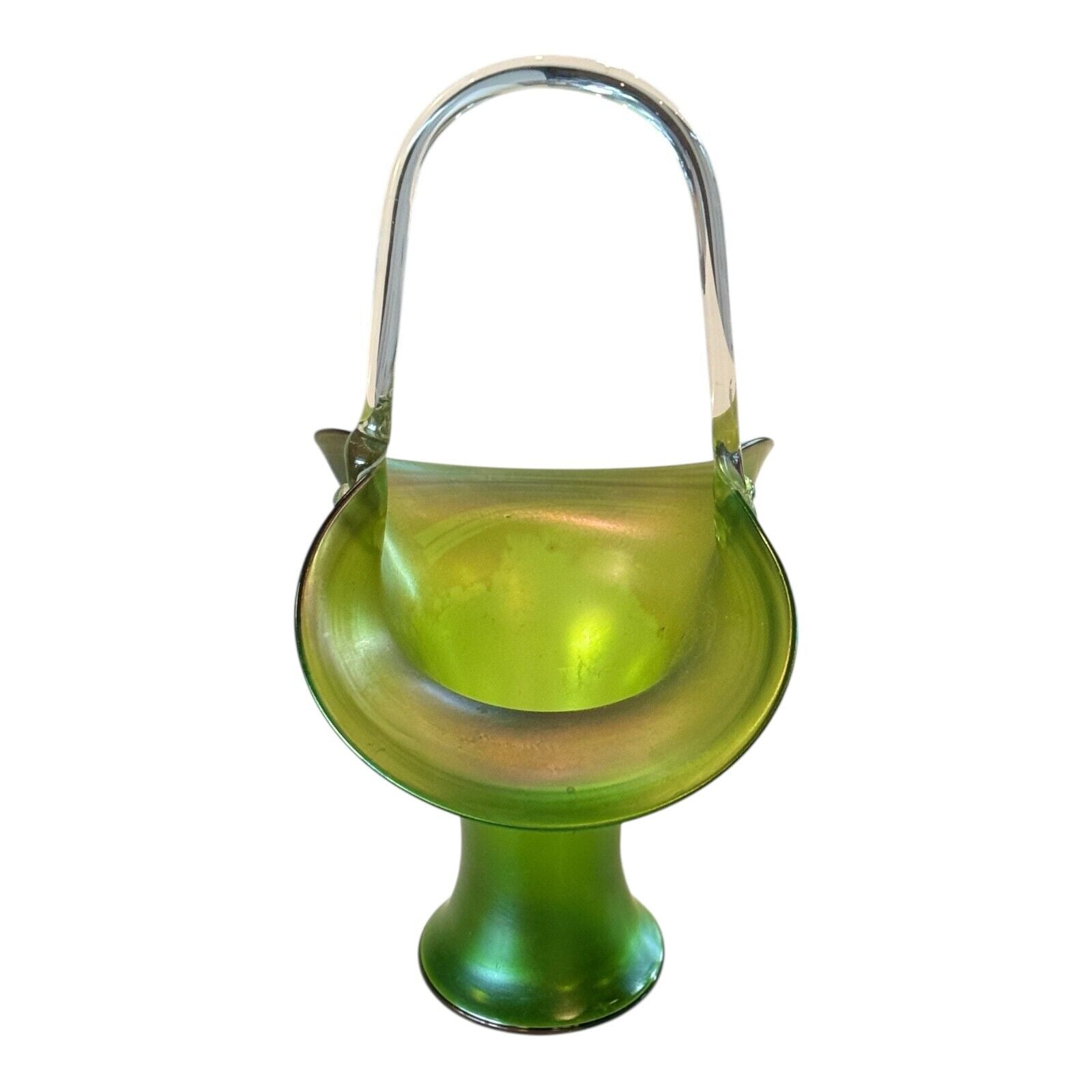 Antique Steuben Art Glass Green Aurene Iridescent Bride's Basket (Attr. Carder)