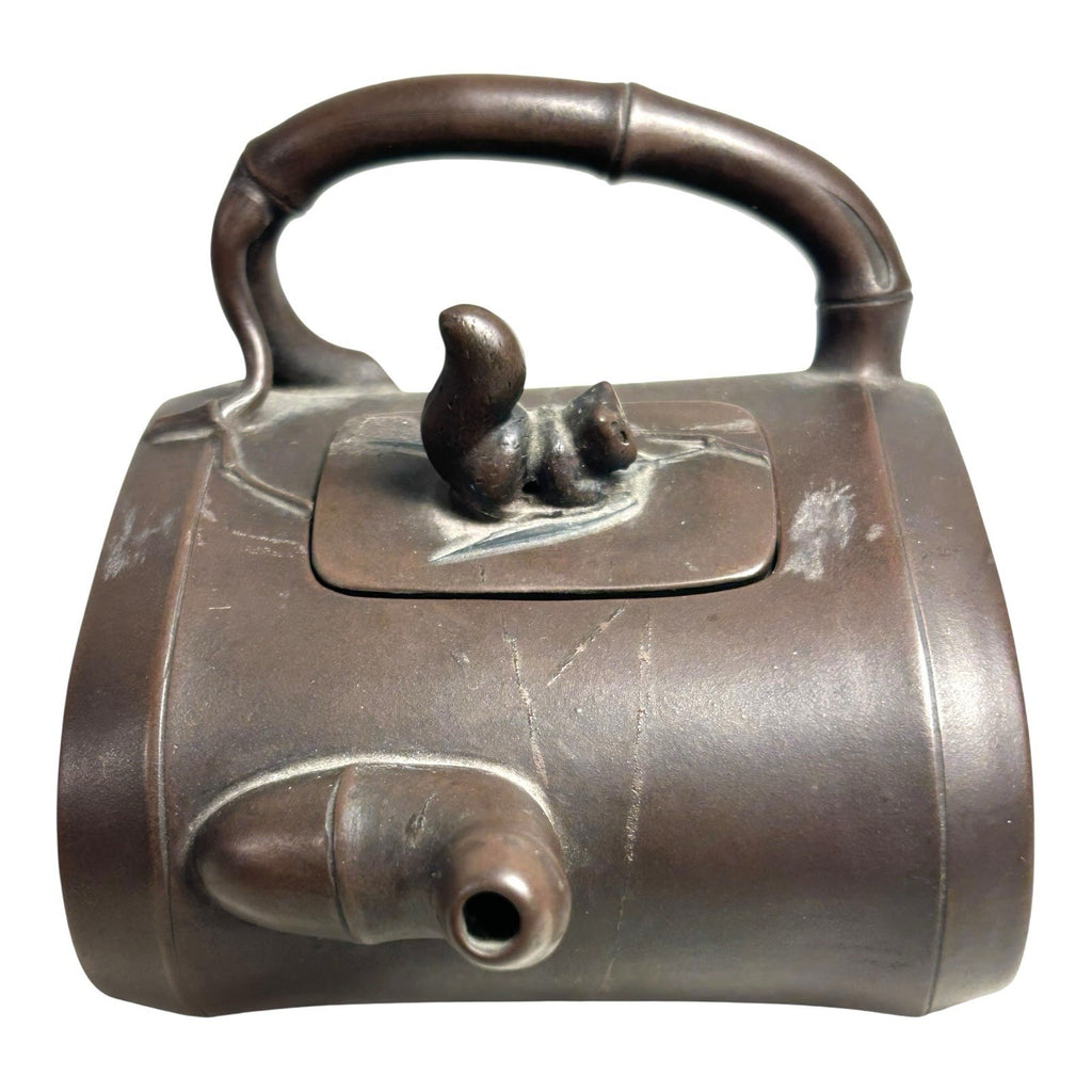 Antique Chinese Yixing Bamboo Form Clay Teapot with Applied Squirrel