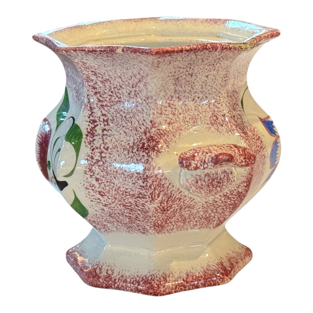 Antique Staffordshire Red Spatterware Spongeware Sugar Bowl - Tulip Design