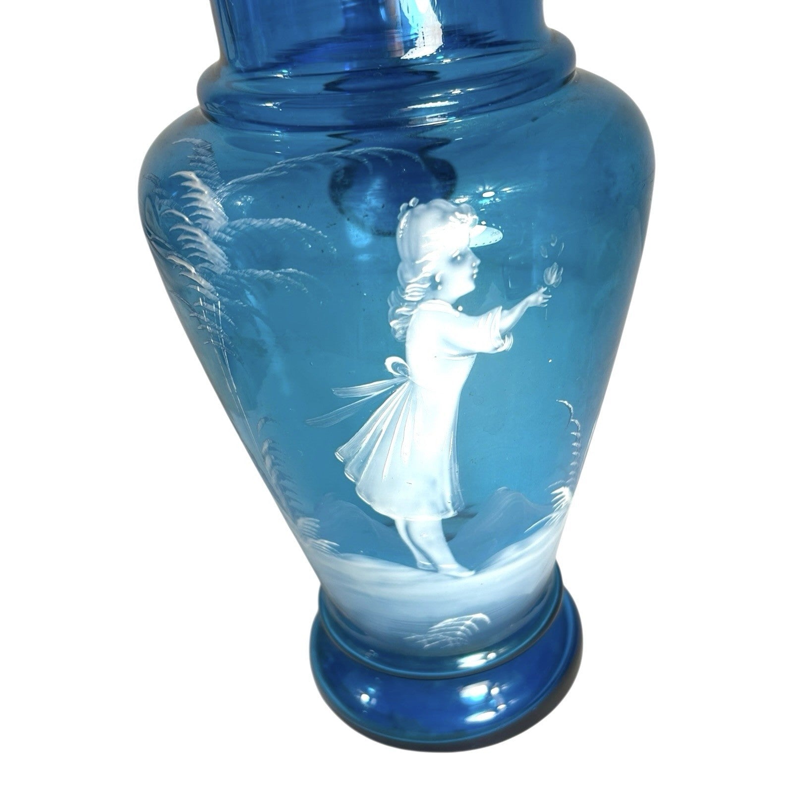 Antique Large Blue Mary Gregory Hand Blown Glass Pitcher