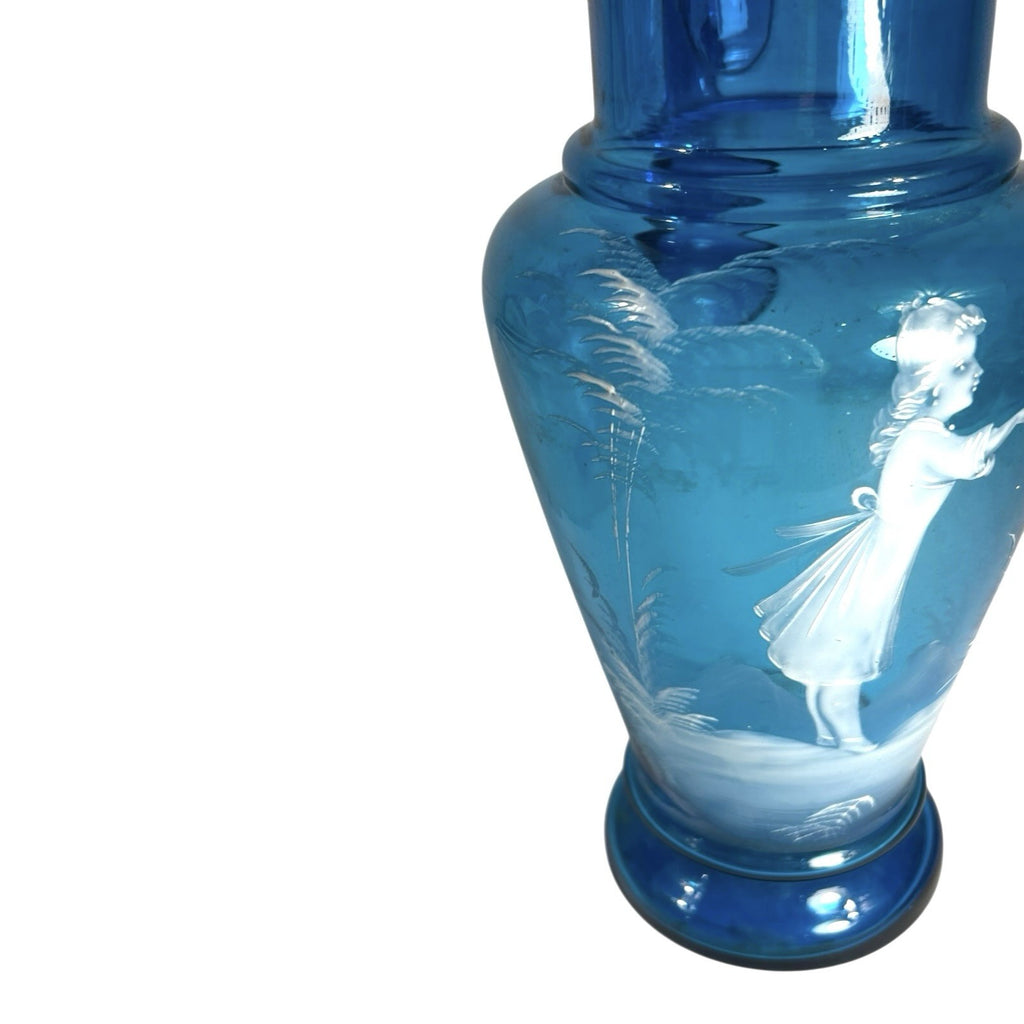 Antique Large Blue Mary Gregory Hand Blown Glass Pitcher