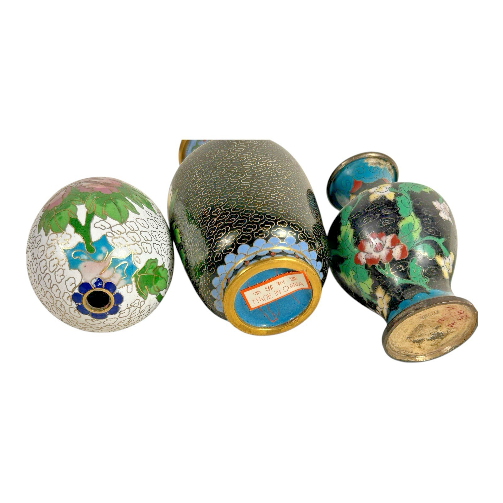 Vintage Chinese Cloisonné Floral Enameled Vases Bowl Egg (Set of 4)