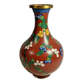 Antique Chinese Cloisonné Red Floral Vase with Brass Rim