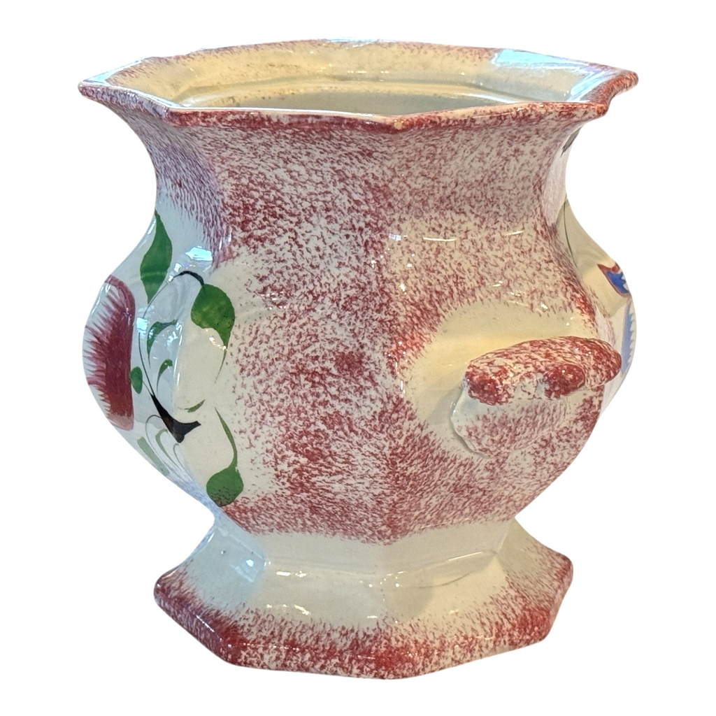 Antique Staffordshire Red Spatterware Spongeware Sugar Bowl - Tulip Design