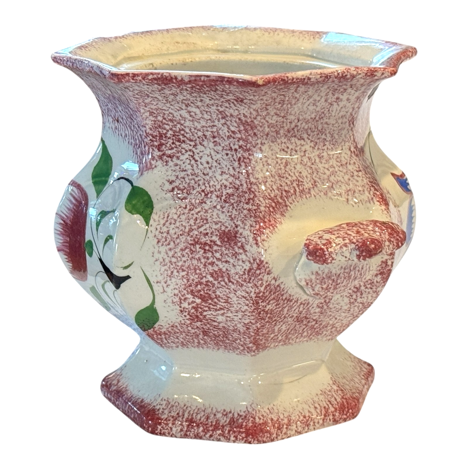 Antique Staffordshire Red Spatterware Spongeware Sugar Bowl - Tulip Design