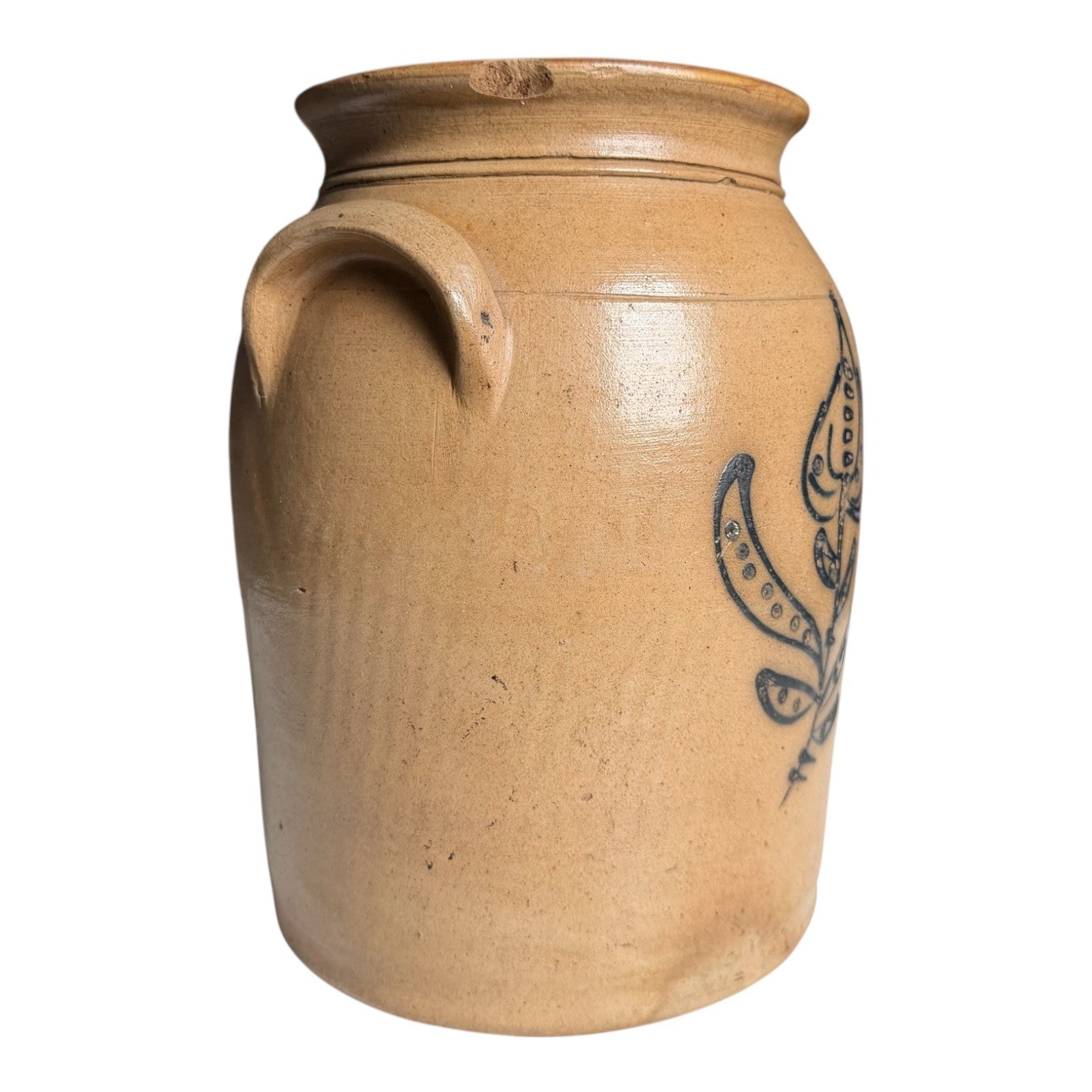 Antique Americana Folk Art Stoneware Crock with Cobalt Blue Floral Tulip Design