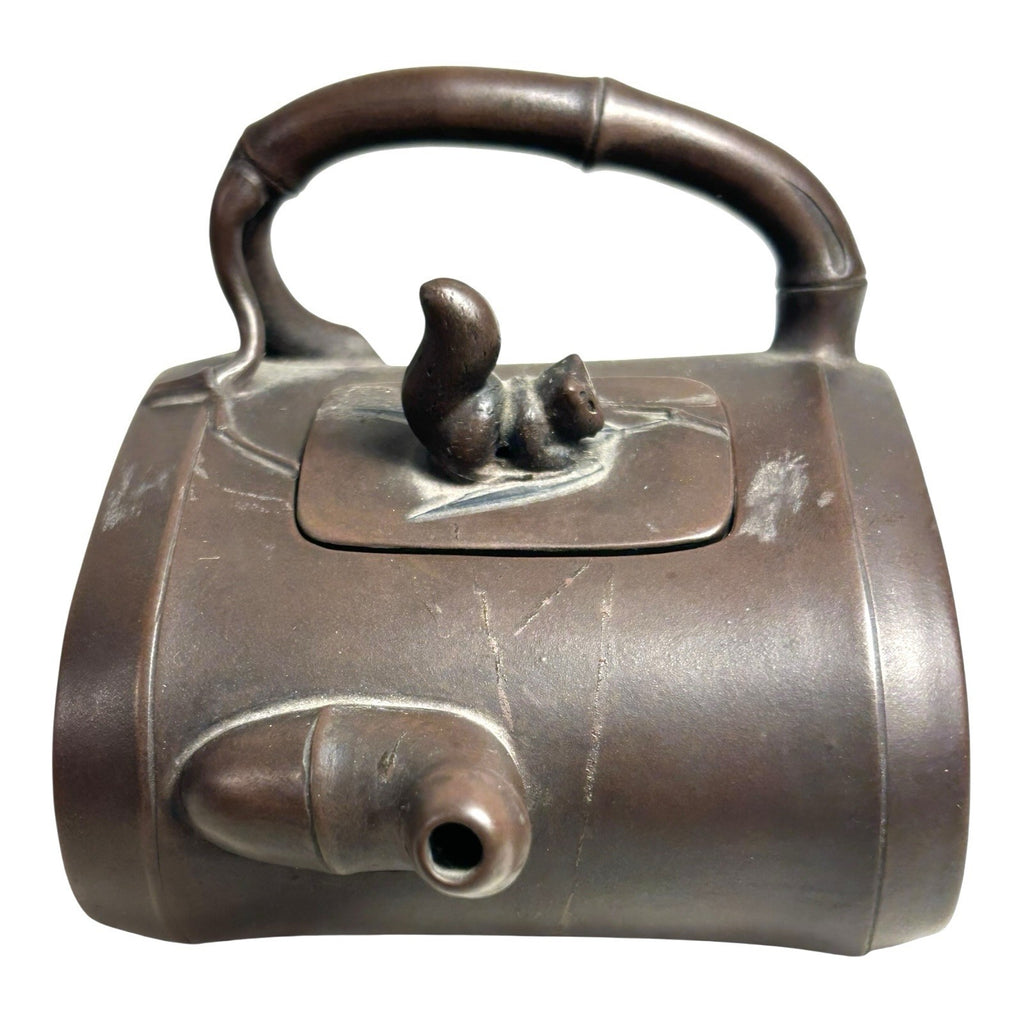 Antique Chinese Yixing Bamboo Form Clay Teapot with Applied Squirrel