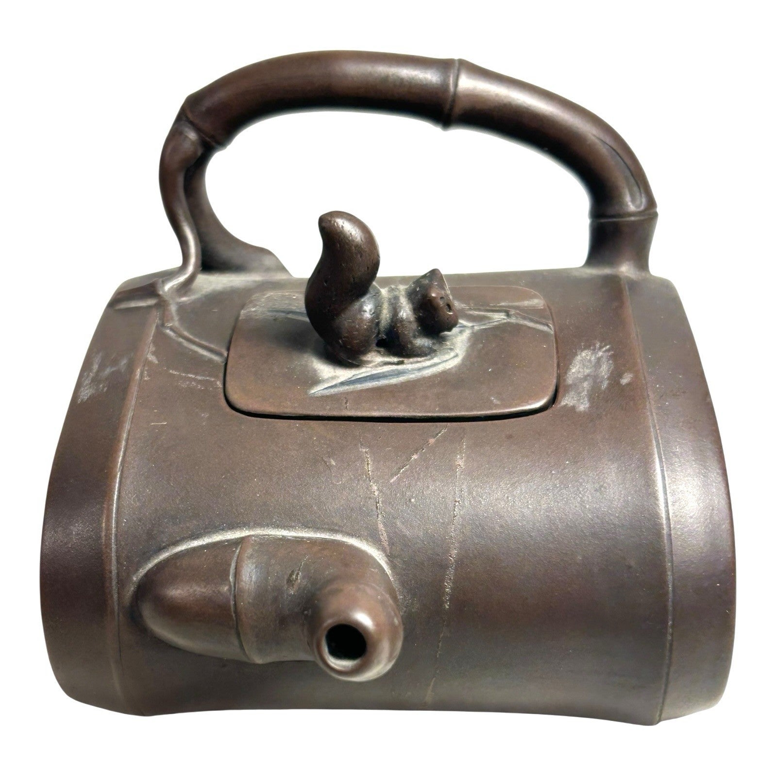 Antique Chinese Yixing Bamboo Form Clay Teapot with Applied Squirrel