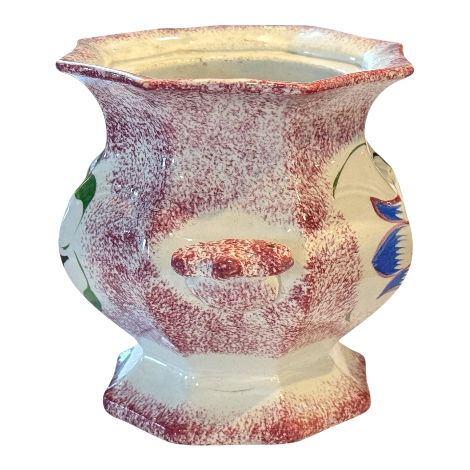Antique Staffordshire Red Spatterware Spongeware Sugar Bowl - Tulip Design