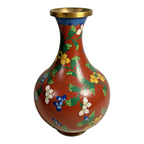 Antique Chinese Cloisonné Red Floral Vase with Brass Rim