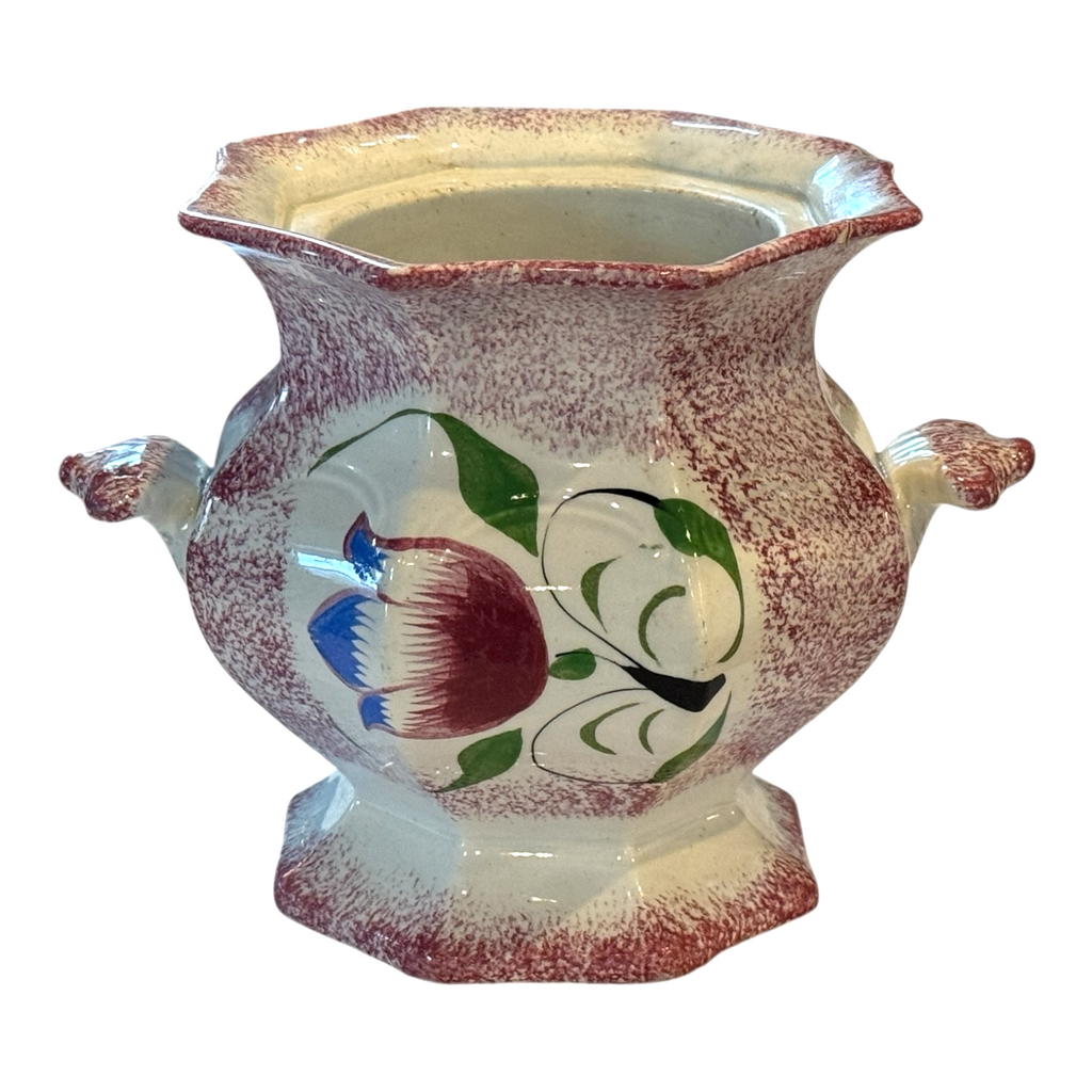 Antique Staffordshire Red Spatterware Spongeware Sugar Bowl - Tulip Design