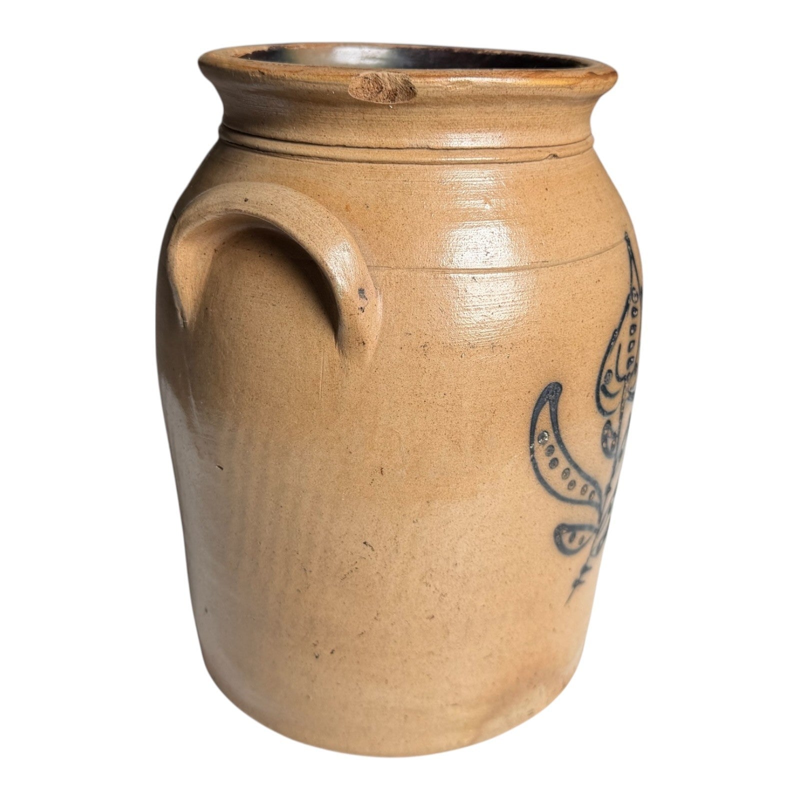 Antique Americana Folk Art Stoneware Crock with Cobalt Blue Floral Tulip Design