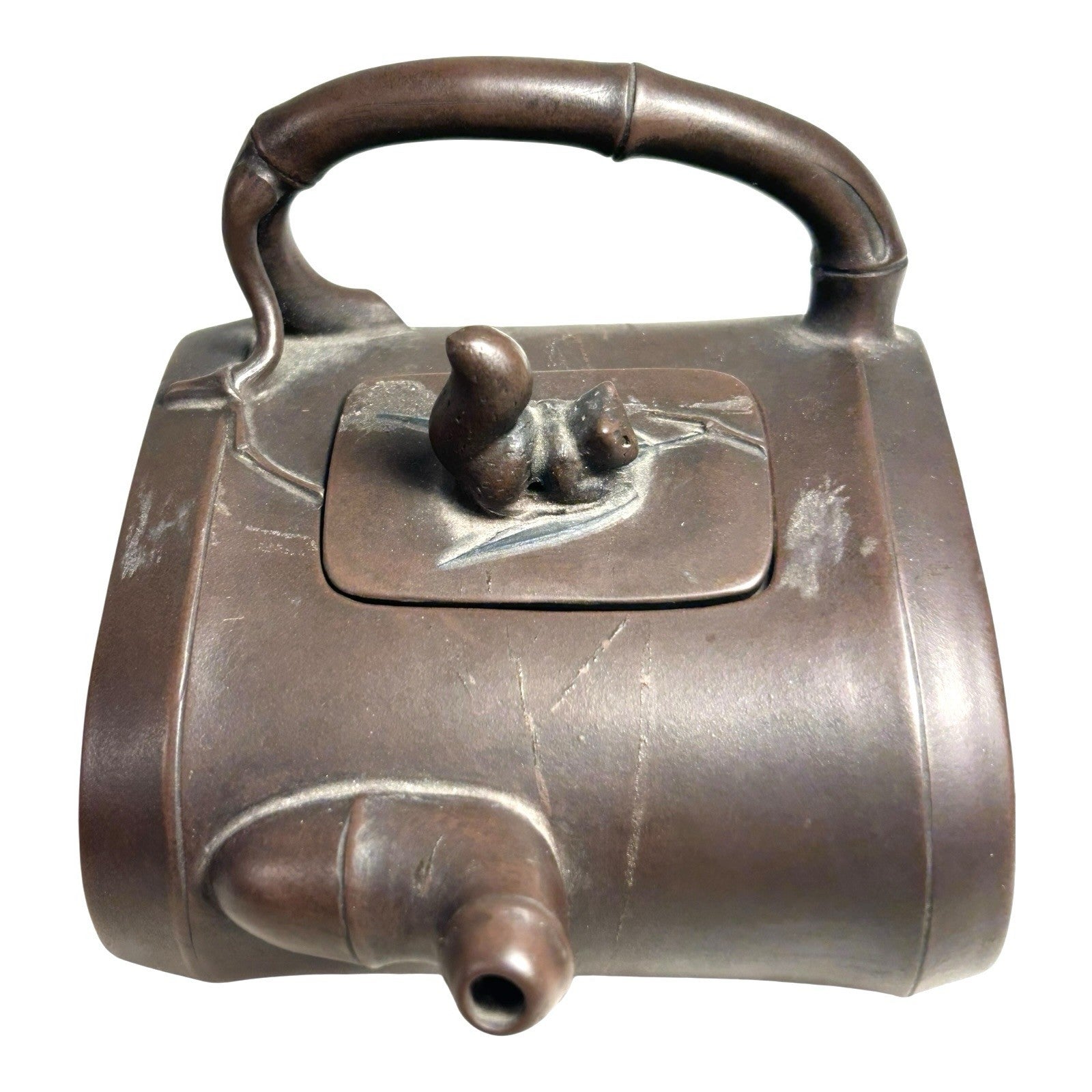Antique Chinese Yixing Bamboo Form Clay Teapot with Applied Squirrel