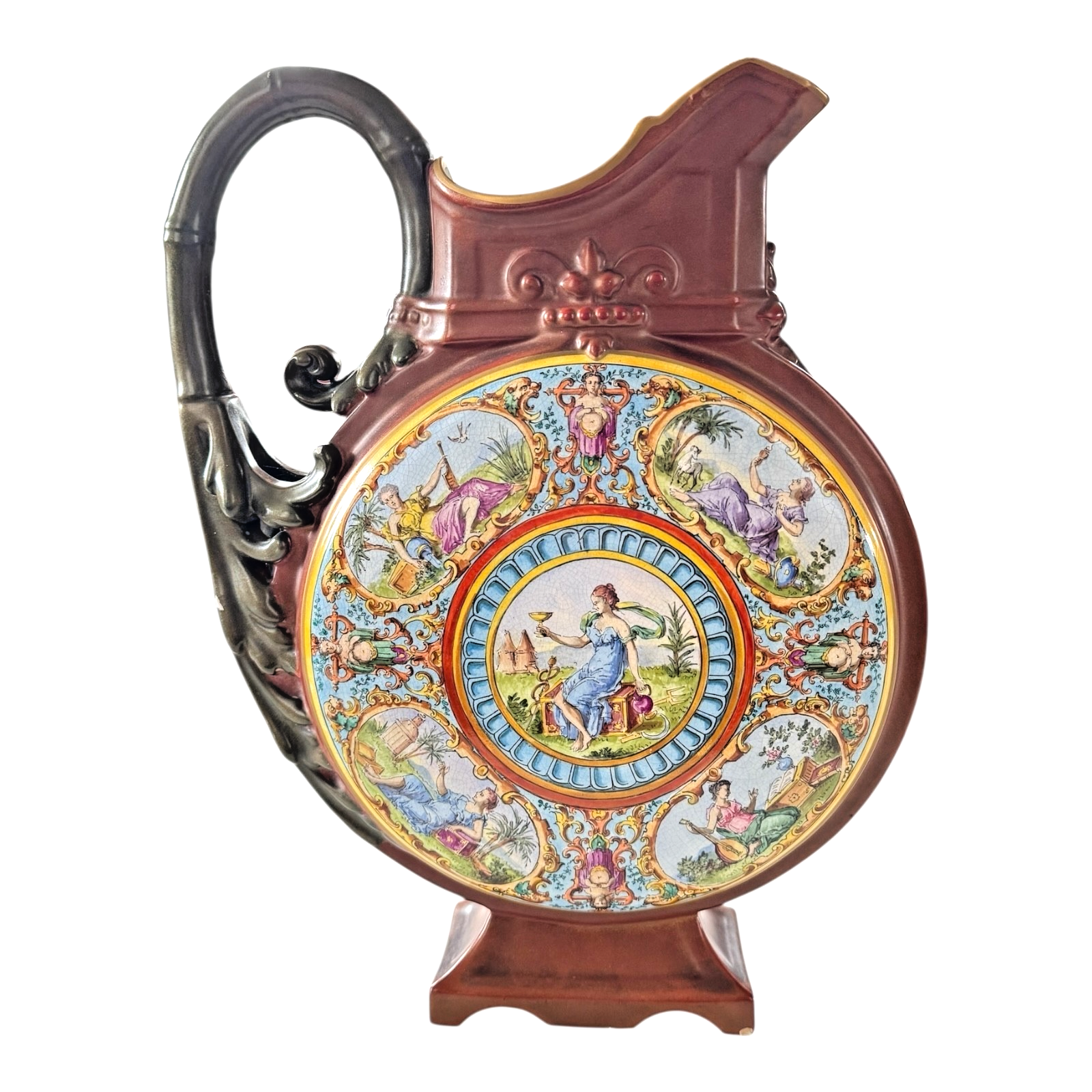 Antique Hungarian Majolica Ewer Figural Classical Roundel Jug - Star of David