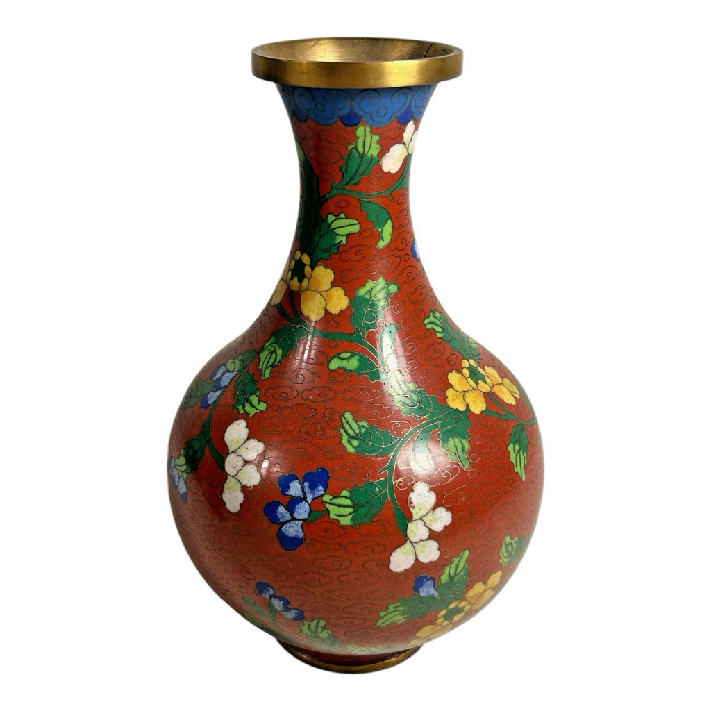 Antique Chinese Cloisonné Red Floral Vase with Brass Rim