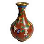 Antique Chinese Cloisonné Red Floral Vase with Brass Rim