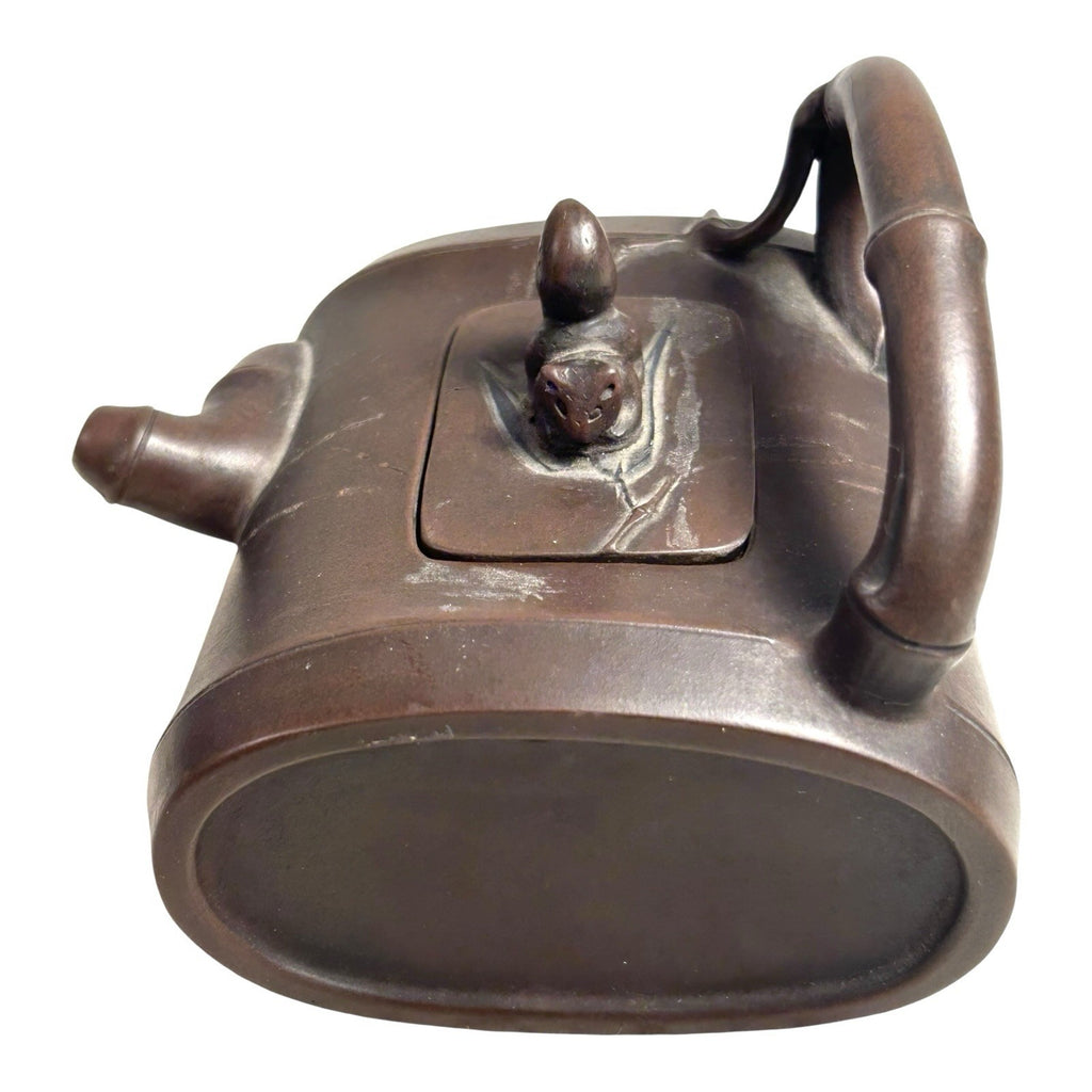 Antique Chinese Yixing Bamboo Form Clay Teapot with Applied Squirrel