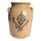 Antique Americana Folk Art Stoneware Crock with Cobalt Blue Floral Tulip Design