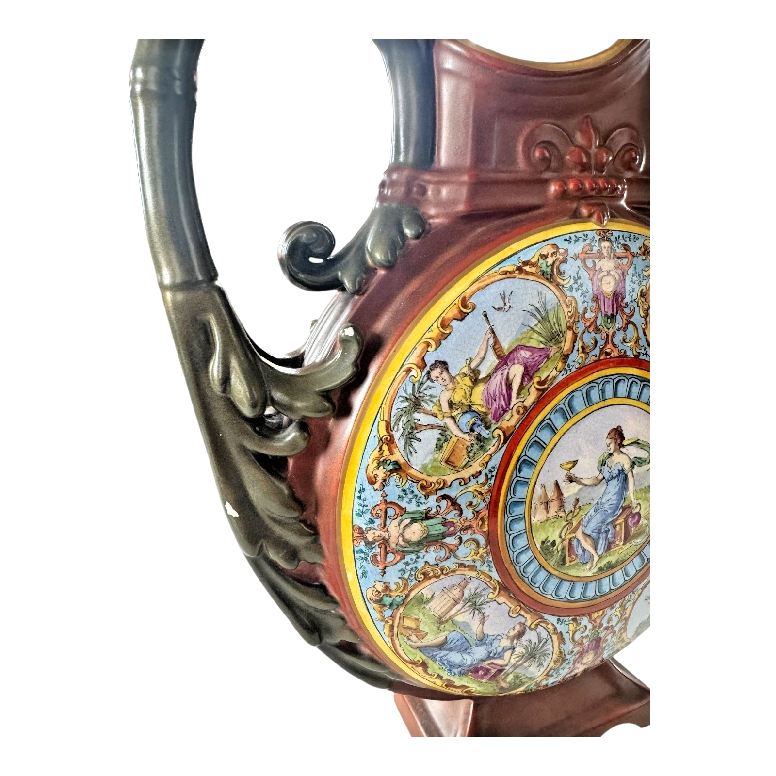 Antique Hungarian Majolica Ewer Figural Classical Roundel Jug - Star of David